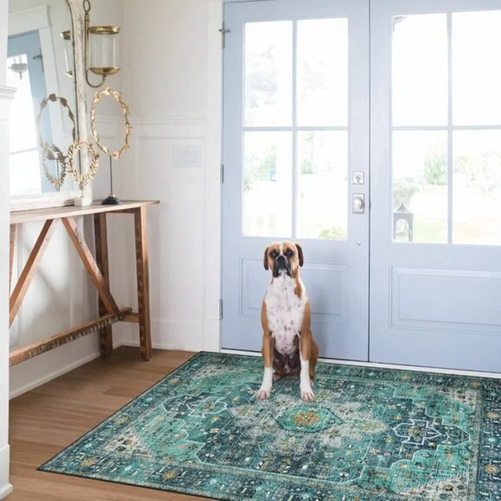 New 3x5 Vintage Washable Rug, Ultra-Thin Non-Slip Boho Medallion Carpet in Teal